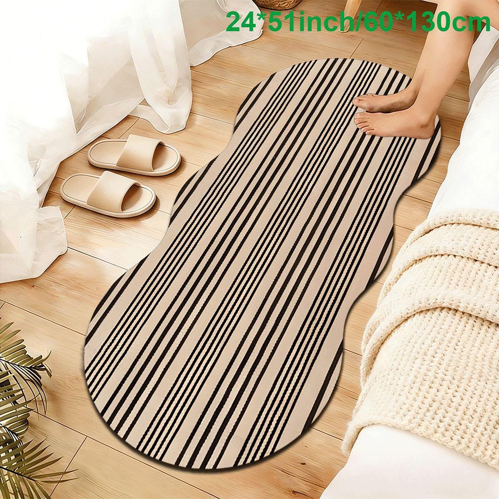 2D Flat velvet irregular shape carpet with beige and black vertical stripes pattern, machine washable and non-slip design, suitable for bedrooms/rooms, all seasons of spring, summer, autumn and winter, as well as Valentine's Day, Christmas and Thanksgivin