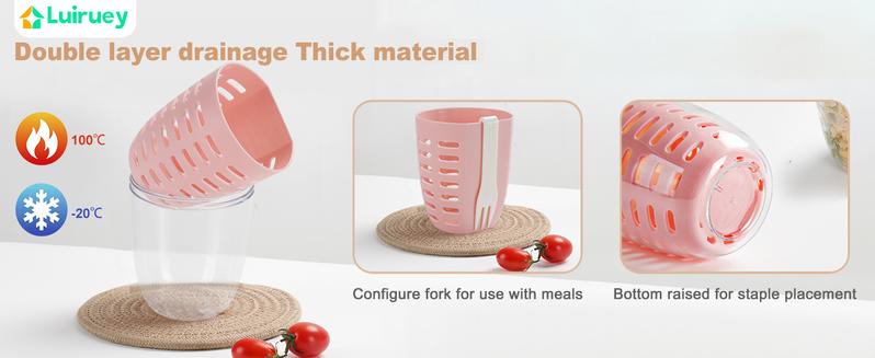 Portable Picnic Party Fruit Salad Storage Cup with Lids and Fork,20 Oz Fruit Storage Containers for Fridge with Removable Colander BPA-Free,Leak-Proof,Keep Fruits,Berry,Salad Fresh longer