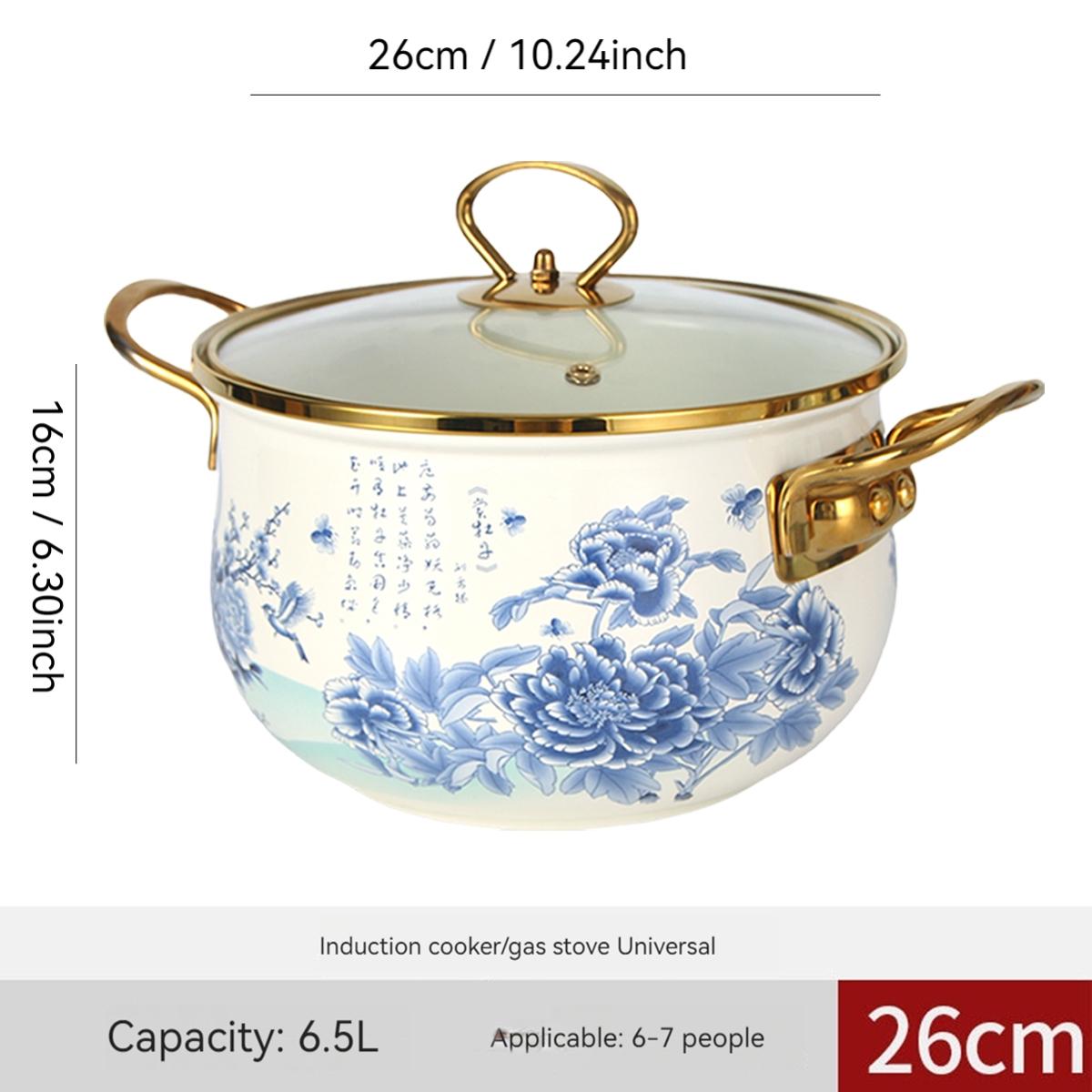 Flower Pattern Stockpot with Lid, Ceramic Soup Pot with Handle, Large Capacity Cooking Pot for Home Kitchen, Double Ear Design