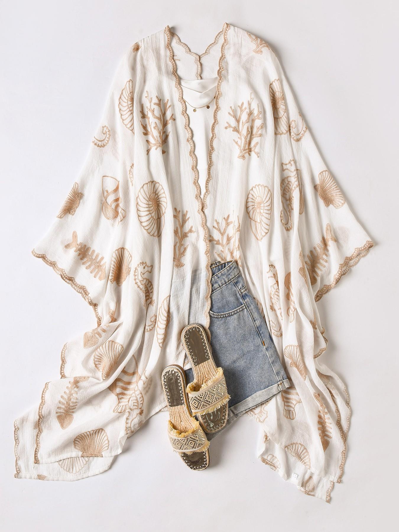 Boho Ocean Embroidered Split Scarf, Loose Fit Elegant All-Season Style, Perfect for Beach Vacations, Commuting and Dates