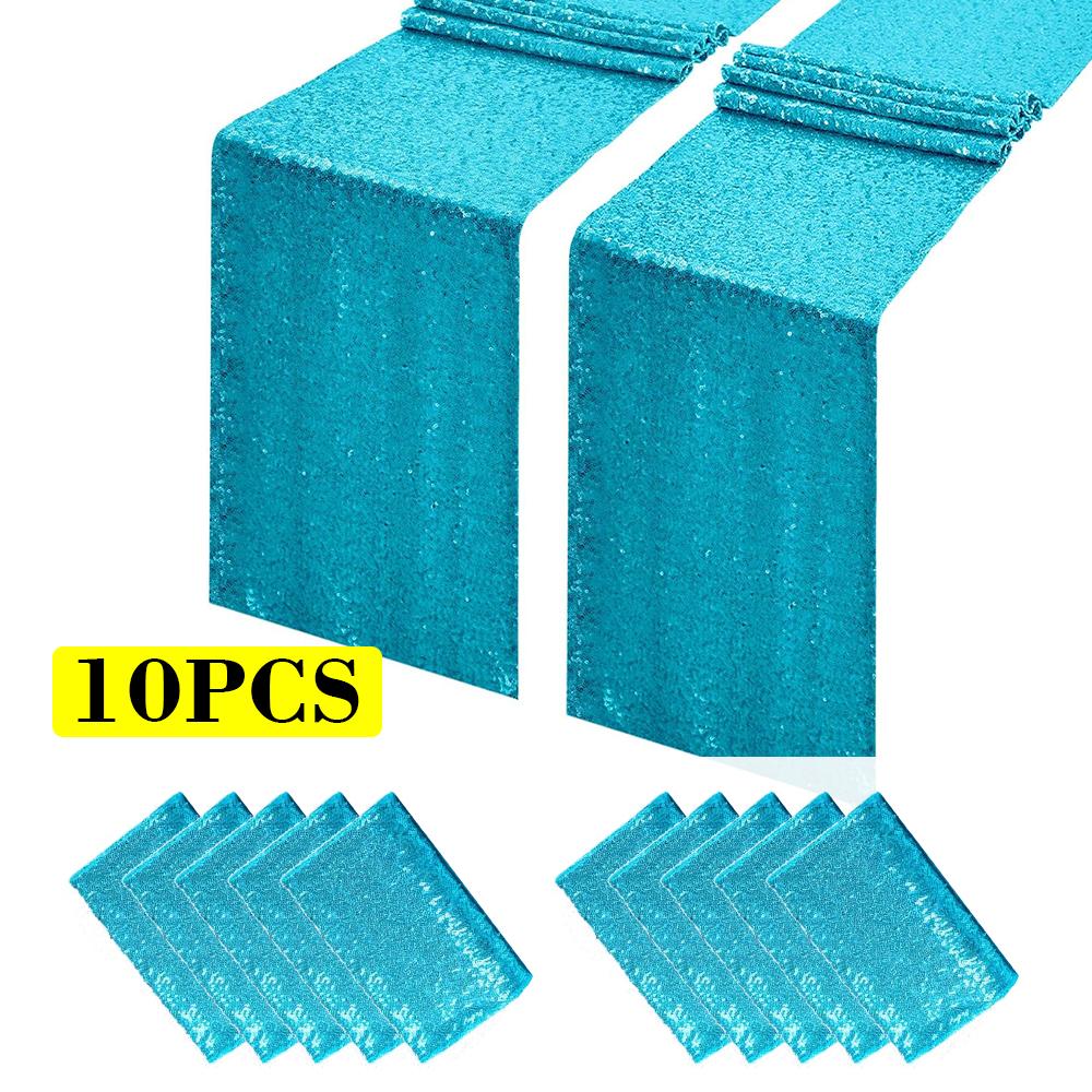 10 Pcs-12x72 Inches Sequin Table Runner, Turquoise Glitter Table Runner for Birthday Party Supplies Wedding Engagement Baby Shower Holiday Celebration Event Decorations