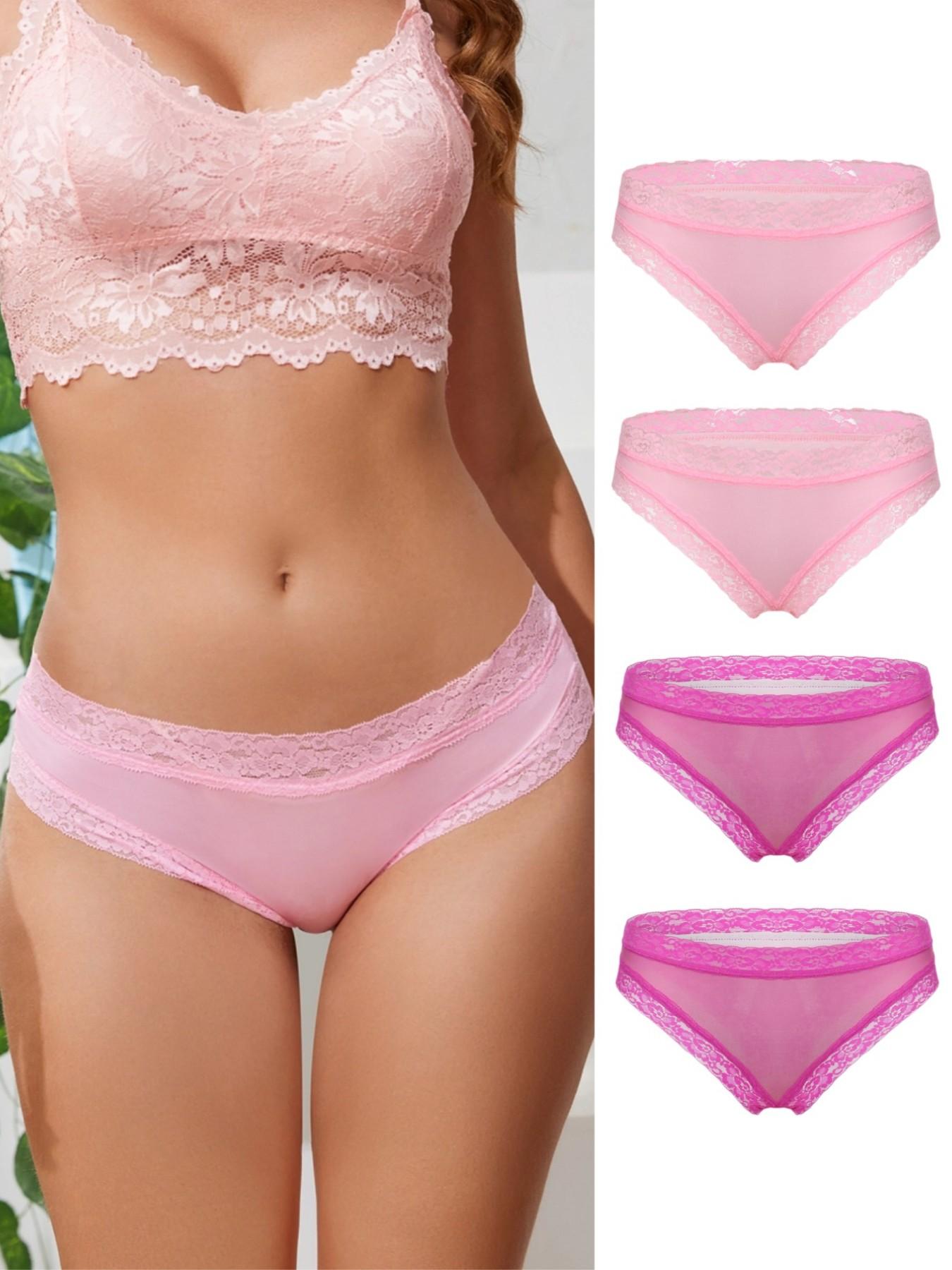 4-Pack Fashion Women's Lace Patchwork Print Underwear Set, Heart Strawberry Butterfly Petal Prints, Sexy Comfortable Soft Ladies Lingerie Womenswear