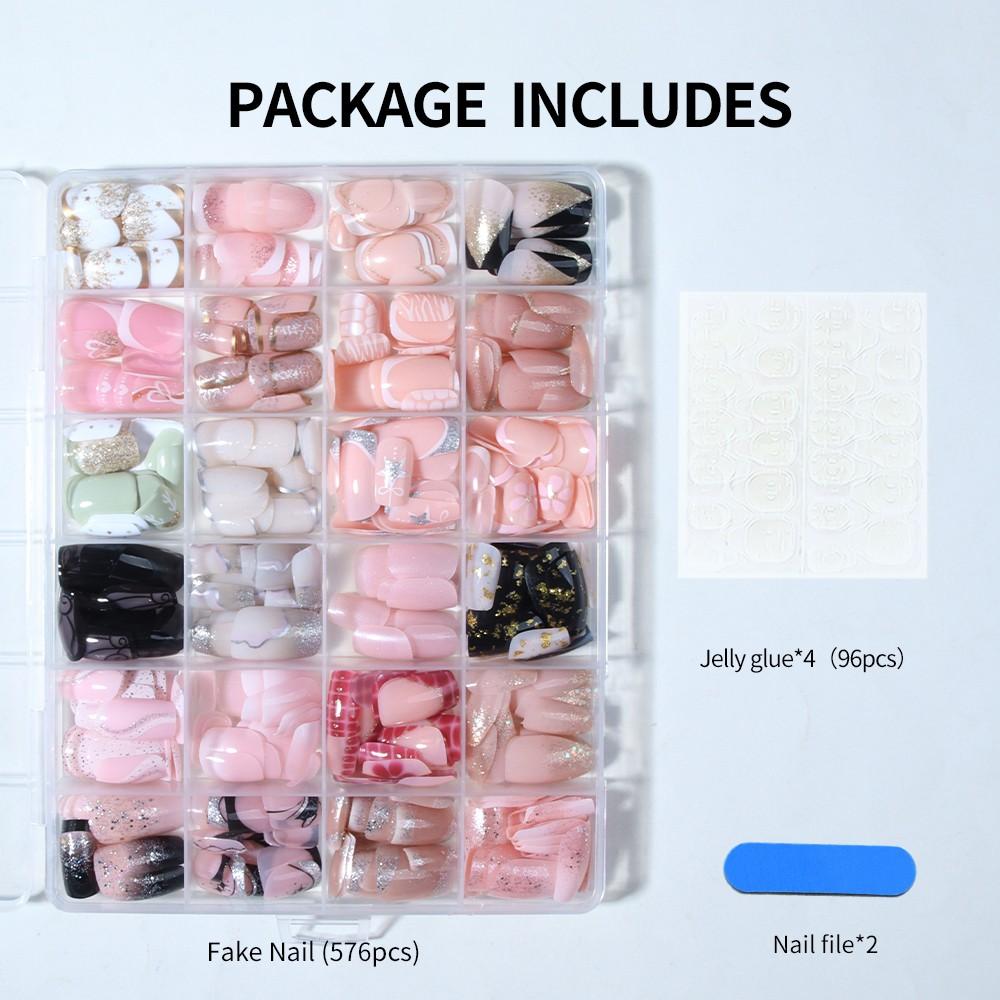 576pcs Short Square Glossy French Nail Art Stickers, Sparkle Gold ...