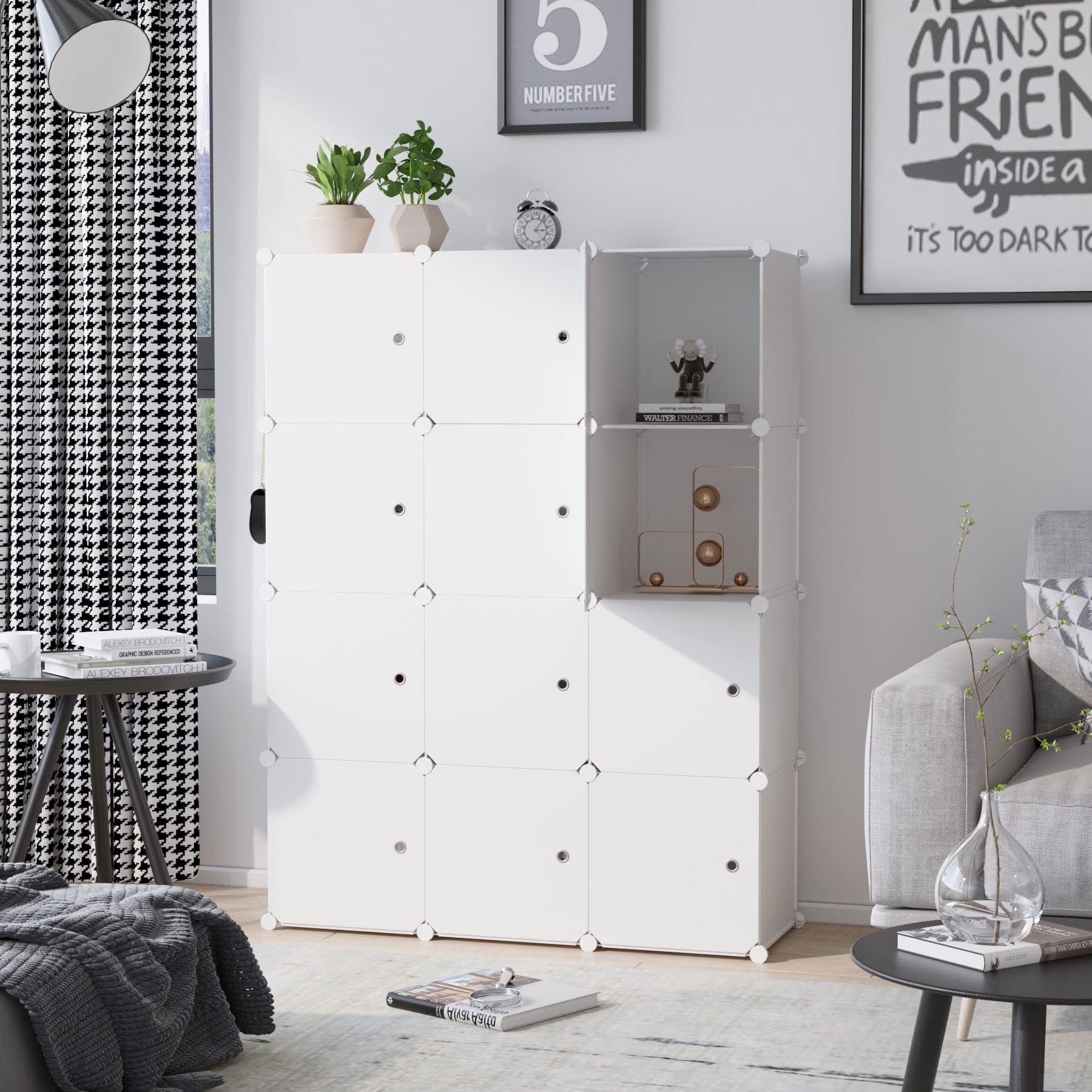 12 Cube Organizer Stackable Plastic Cube Storage Shelves Design Multifunctional Modular Closet Cabinet with Hanging Rod White