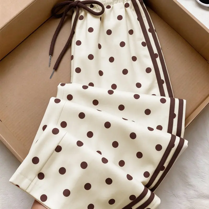 American Retro Polka Dot Print Casual Pants, High Waist Elastic Adjustable Drawstring Side Stripe Loose Straight Leg Long Pants, Comfortable and Stylish