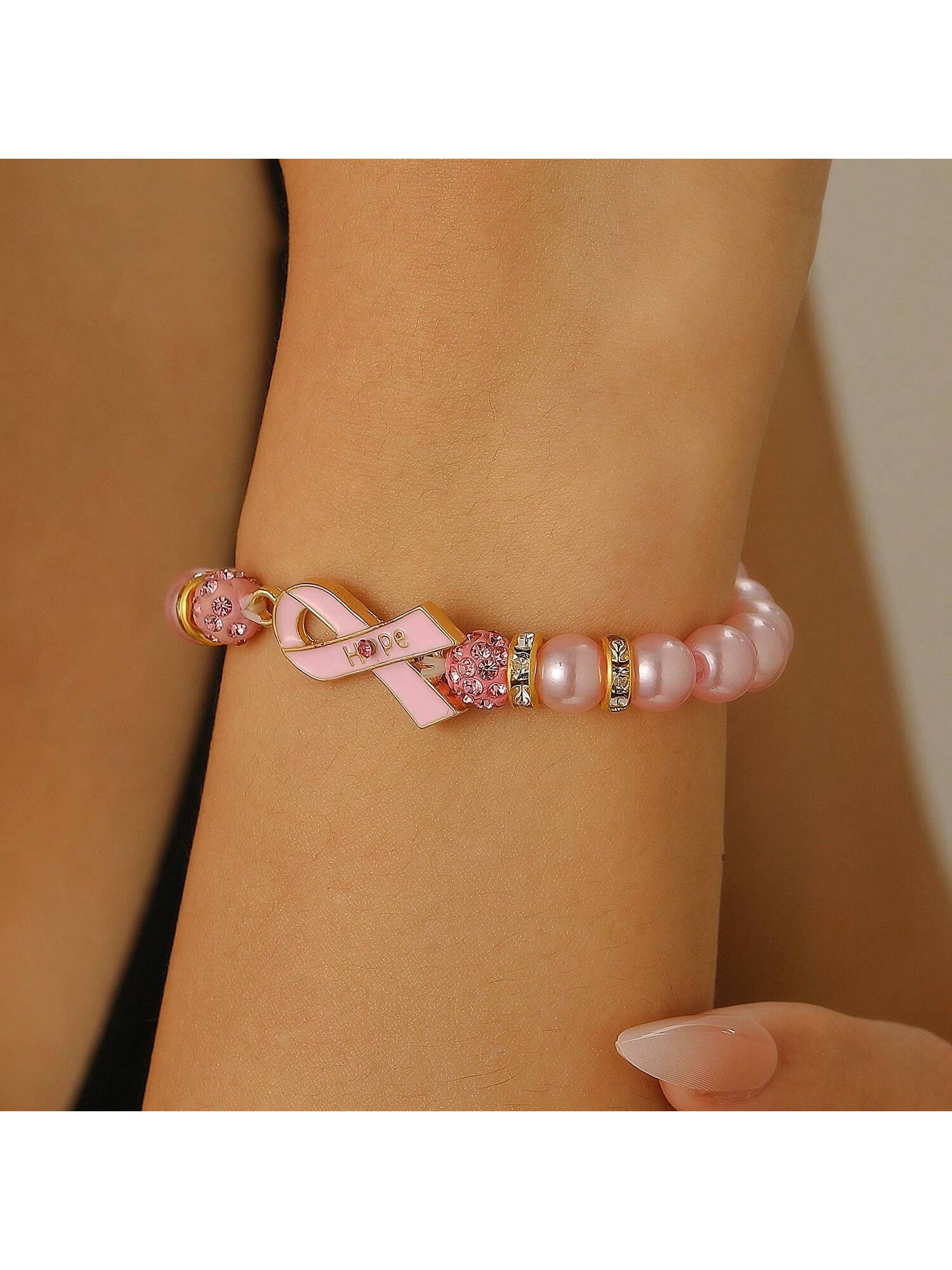 Ribbon Breast Cancer Awareness Faux Pearl & Rhinestone Beaded Bracelet, Ideal for Everyday Use or Special Occasions