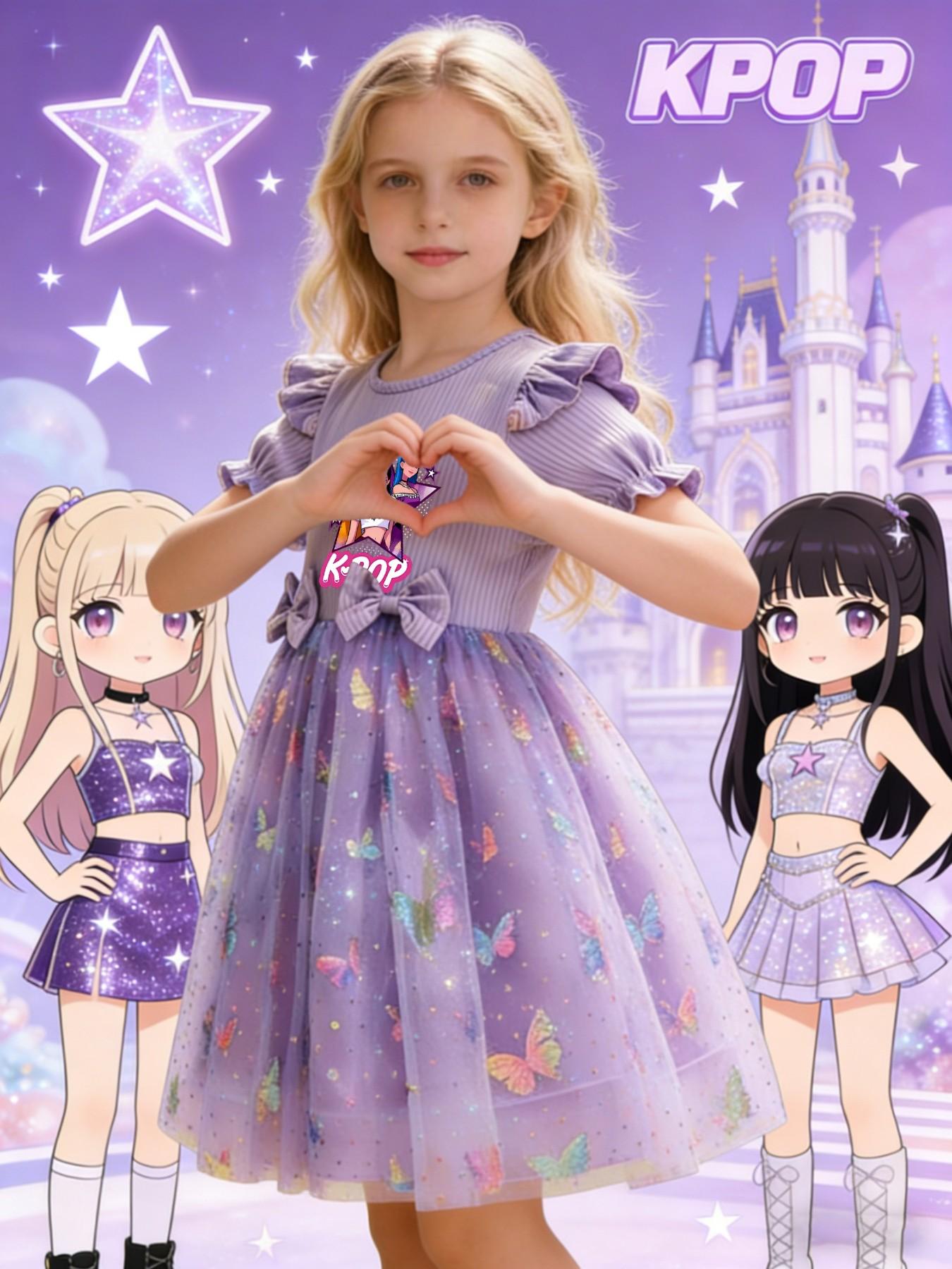 Princess Party Dance Dress, Butterfly Mesh Skirt, Dreamy Elegant Design, K-Pop Girl Group Print, Perfect for Camping Travel Parties