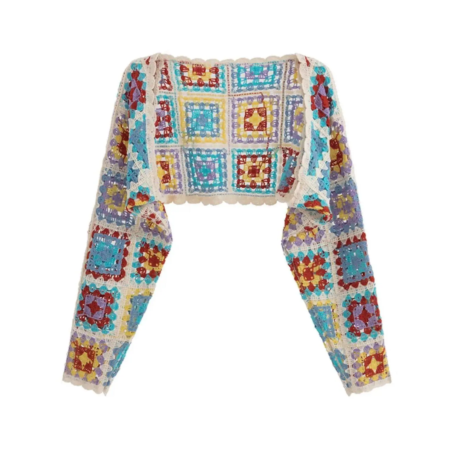Granny Square Crochet Crop Cardigan Open Front Knitted Bolero Women Long Sleeve Shrug Top Summer Beach Boho Festival Outfit