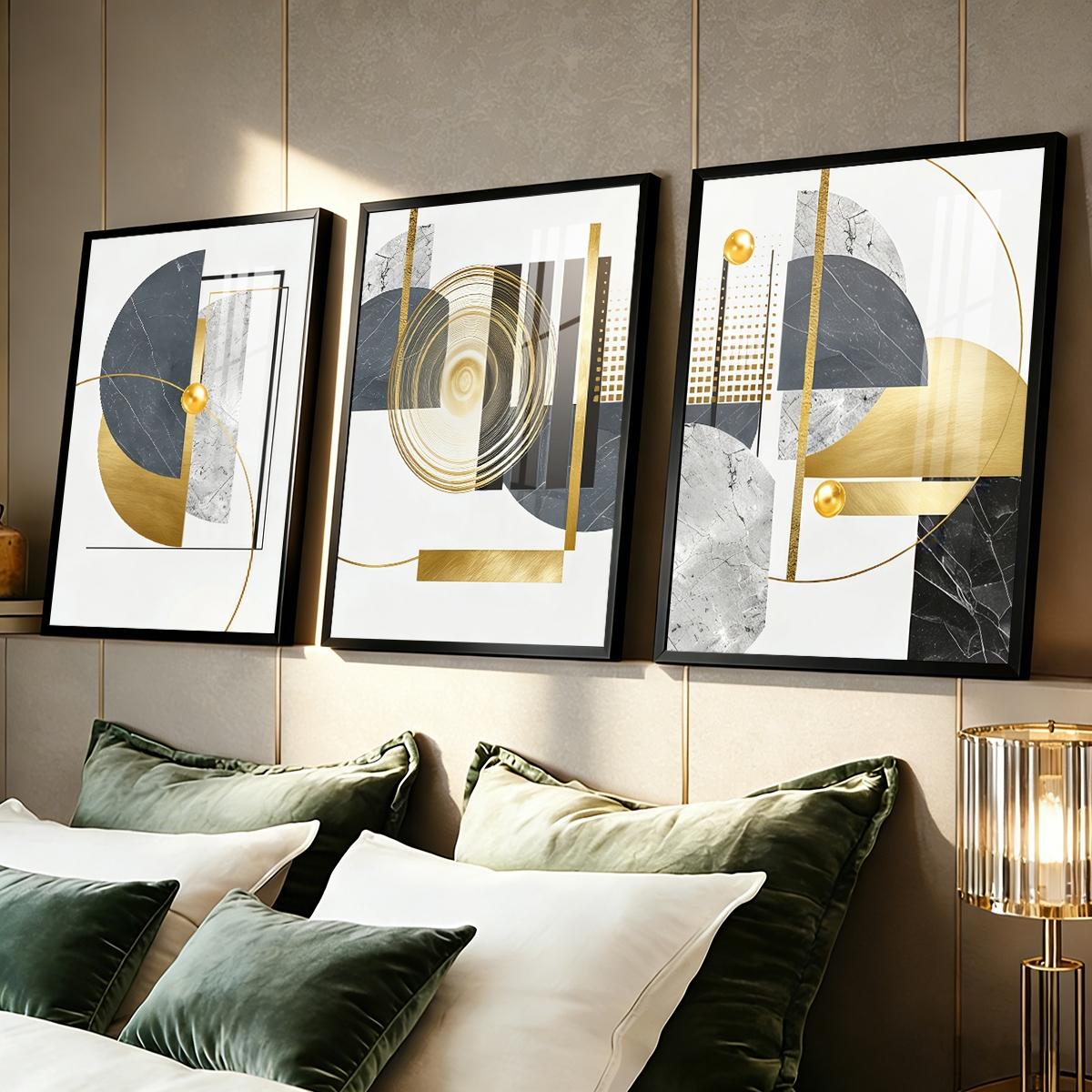 3 Counts Aluminum Alloy Framed Painting, Geometric Gold And Grey Abstract Art, Home Decoration For Living Room, Bedroom, Office, Restaurant, Hallway Wall Decor, Odorless Print Artwork, Luxury Perfect Gift For Friends And Family