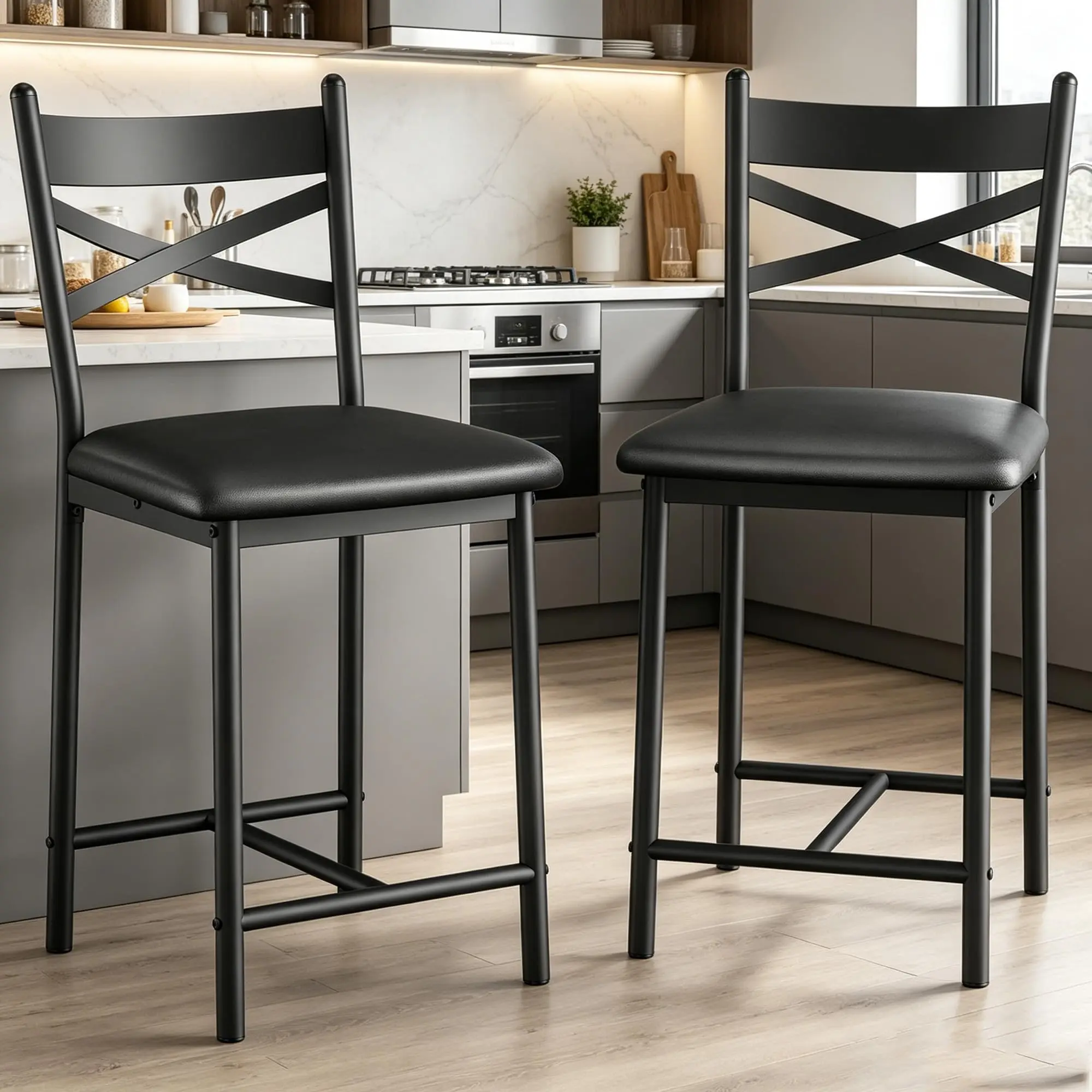 Set of 2 22.4in Counter Height Bar Stools - X-Shaped Back, Thick Chair Cushion, Footrest, Rustic Brown & Black Finish, Ideal for Dining Room, Kitchen