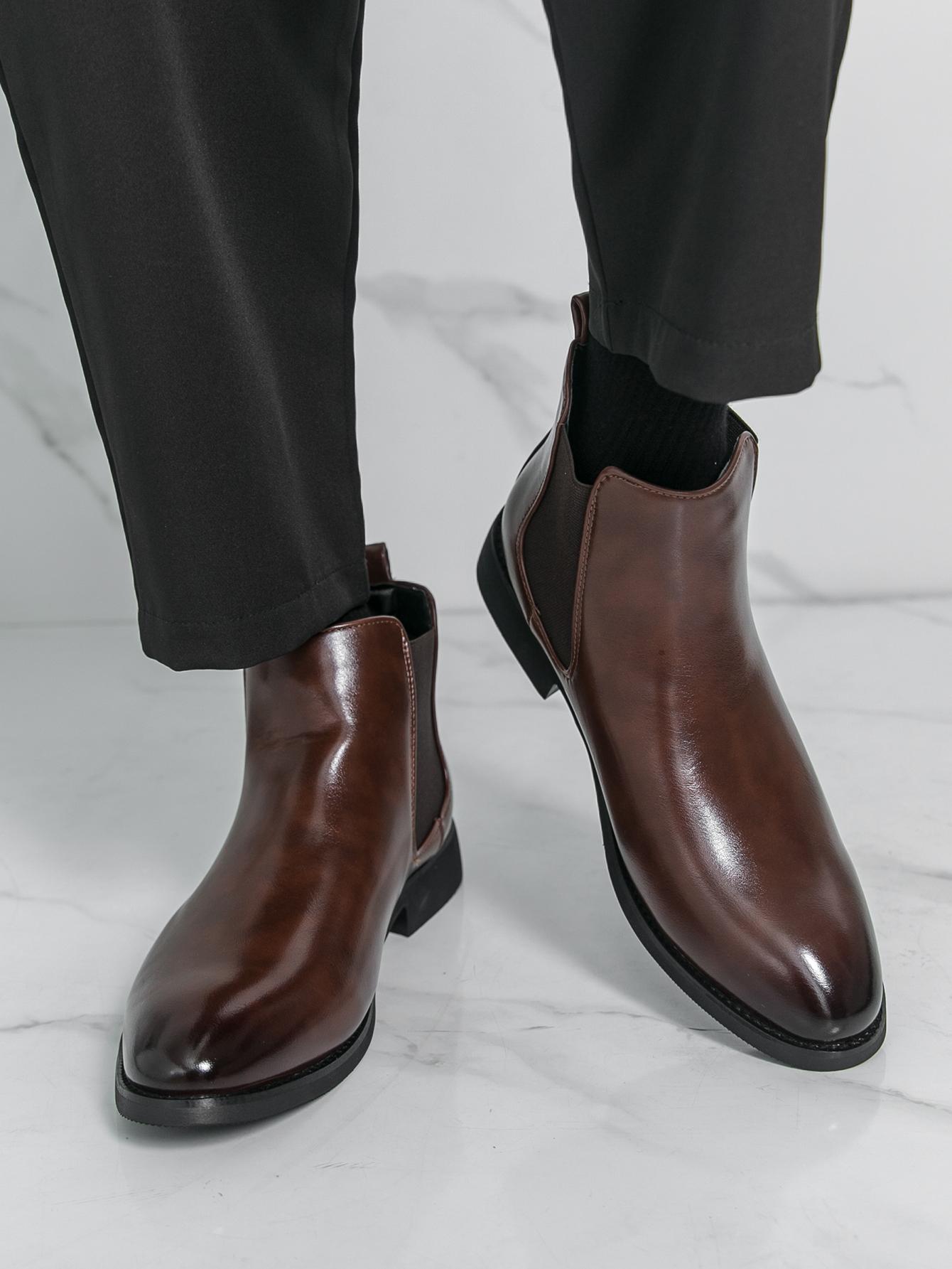 Trend Gloss Black Slip-On Chelsea Boots Dual Elastic Panels Pull Tab At Heel Block Heel Stitched Sole Daily Business Wedding Ankle Boots Walking Shoes