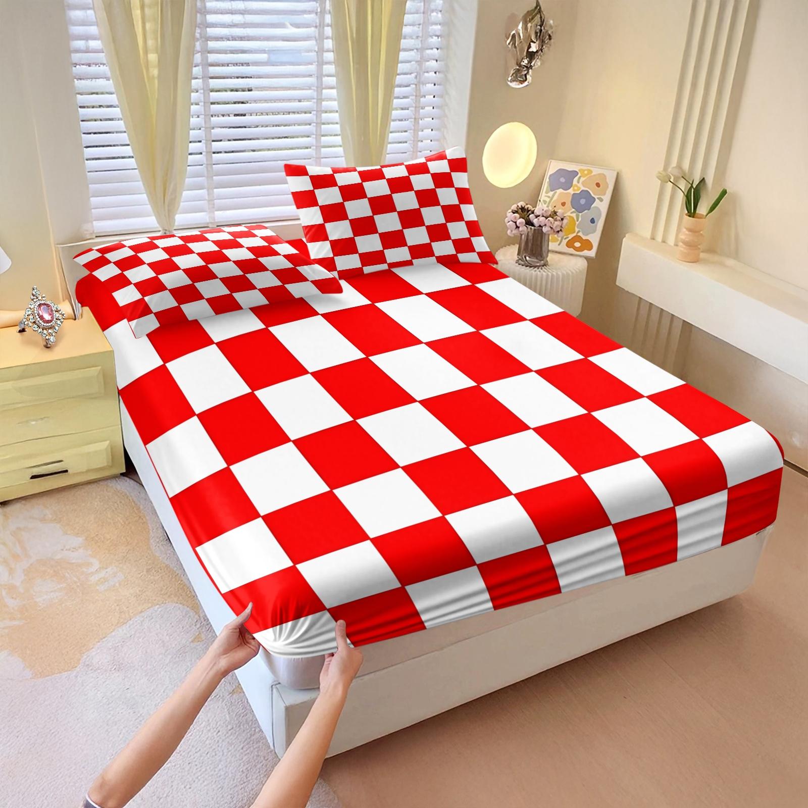 3 Pcs Geometric Plaid Print Fitted Sheet Set, Modern Minimalist Bedding Set, Soft Breathable Microfiber with HD Digital Print, Deep Pocket & Wrinkle Resistant, Ideal for Bedroom, Dorm, Guest Room, All Season Use