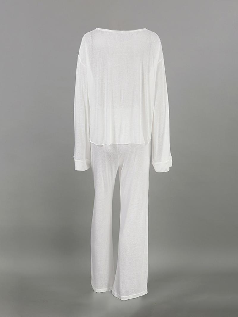 Women's Micro-Transparent Fabric Round Neck Long Sleeve Pants Loose Comfortable Two-Piece Set, Casual Fashion