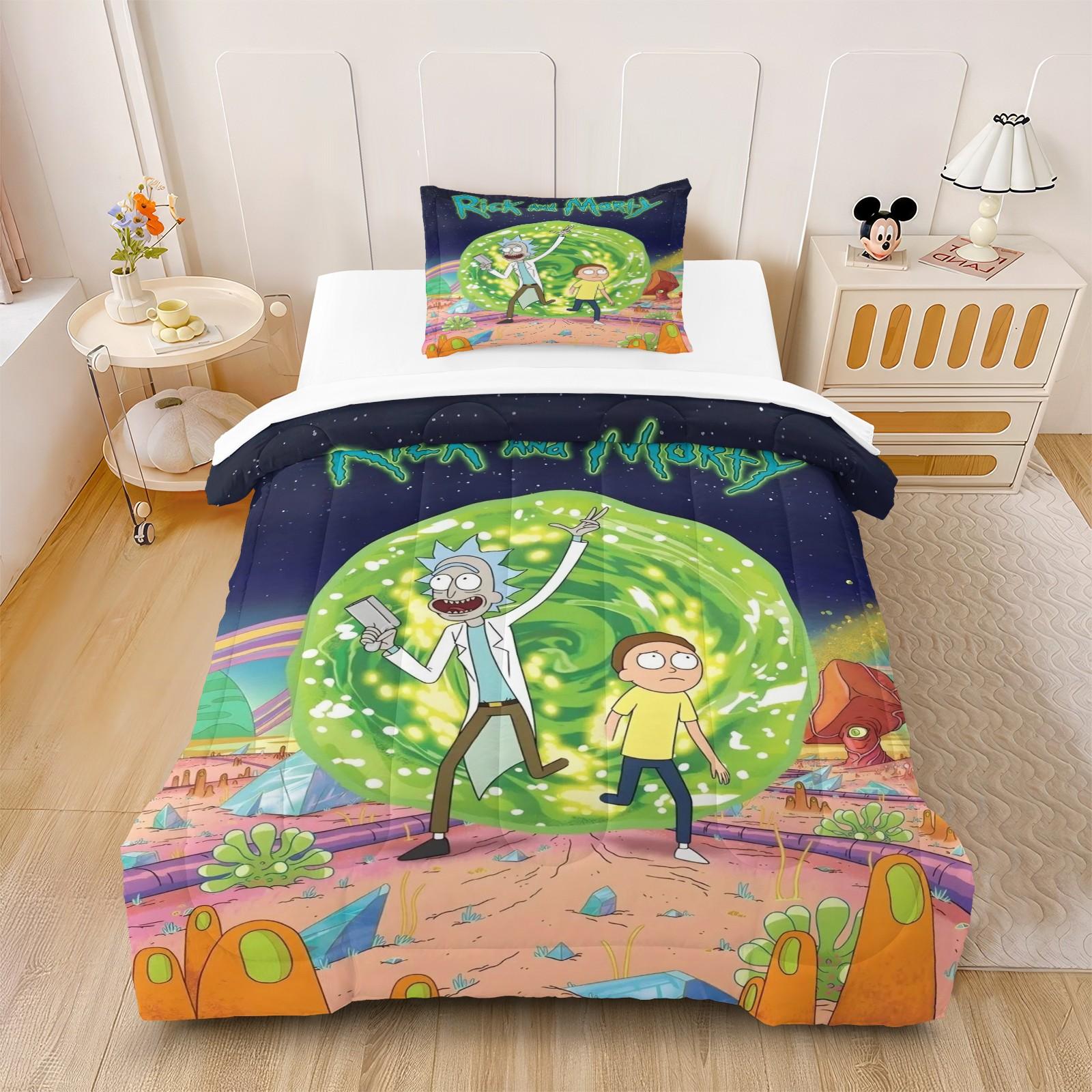 Rick and Morty Quilt Bedding Set, Soft Comfortable Durable, Includes 1 Blanket and 1 or 2 Pillowcases Without Pillows, Kids and Teens Bedroom Gift
