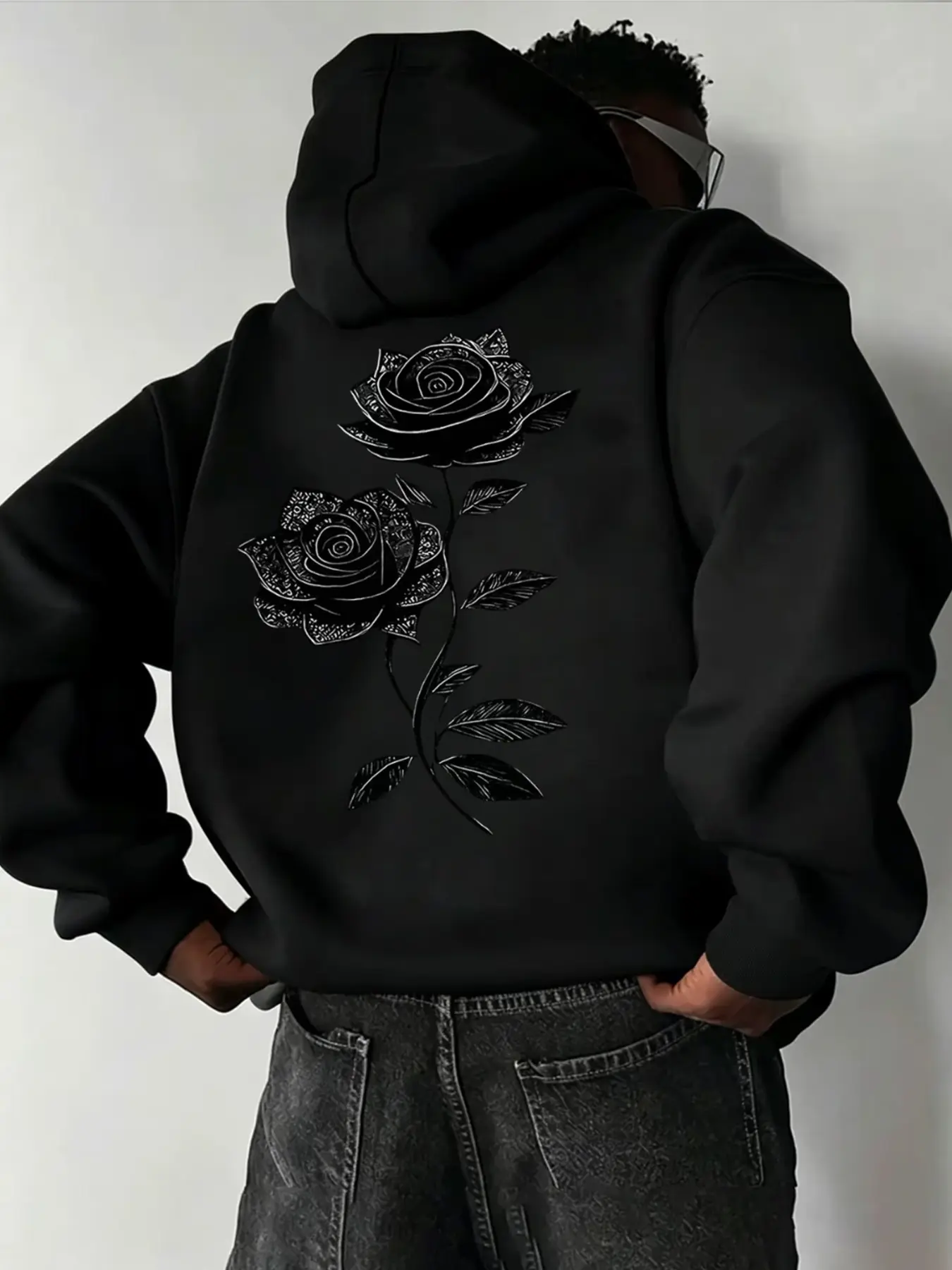 Slim‑Fit Pullover Hoodie, Large Black Rose Floral Graphic Printed On Back, Long‑Sleeve Casual Sweatshirt, Trendy Y2K Streetwear Daily Hooded Top, Hooded Pullovers#RoseHoodie #BackPrintHoodie #Y2KStreetwear #SlimFitHoodie #FloralGraphic #Streetwe