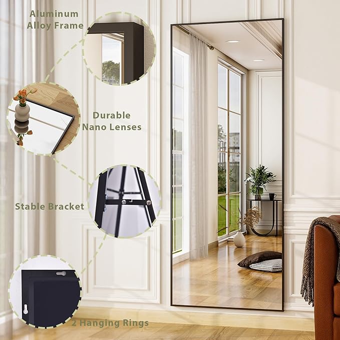 Floor Standing Mirror, Wall Mirror with Stand Aluminum Alloy Thin Frame，Full Length Mirror Wall Mirror 64"x21" Gold Standing Mirror Floor Mirror Aluminum Alloy Frame Full Body Mirror for Living Room Bedroom