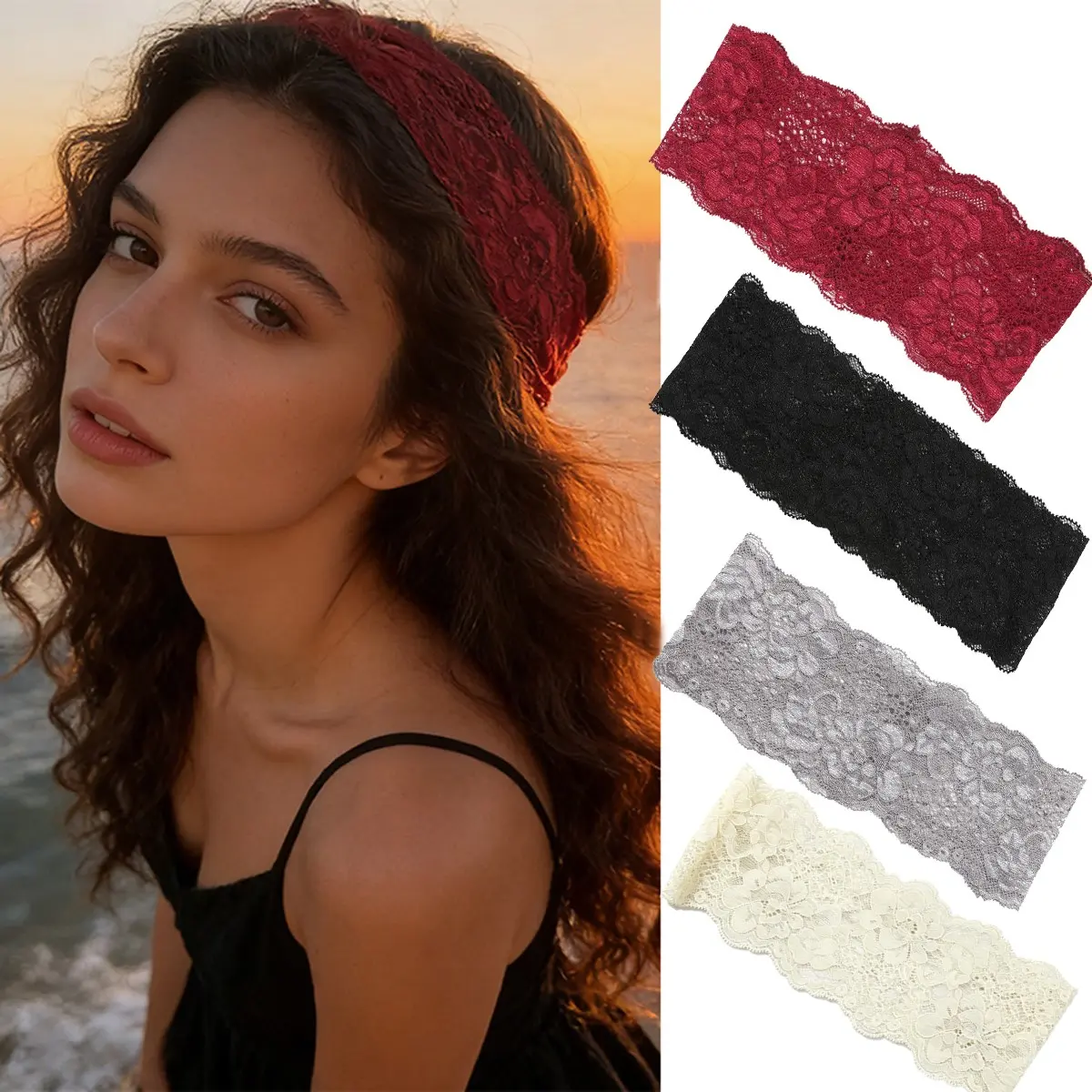 AWAYTR 4 Pack Floral Lace Headbands for Women Elegant Thin Stretchy Thin Lace Vintage Style Matches Casual Boho Elegance Non-Slip Wide Headband Hair Accessories