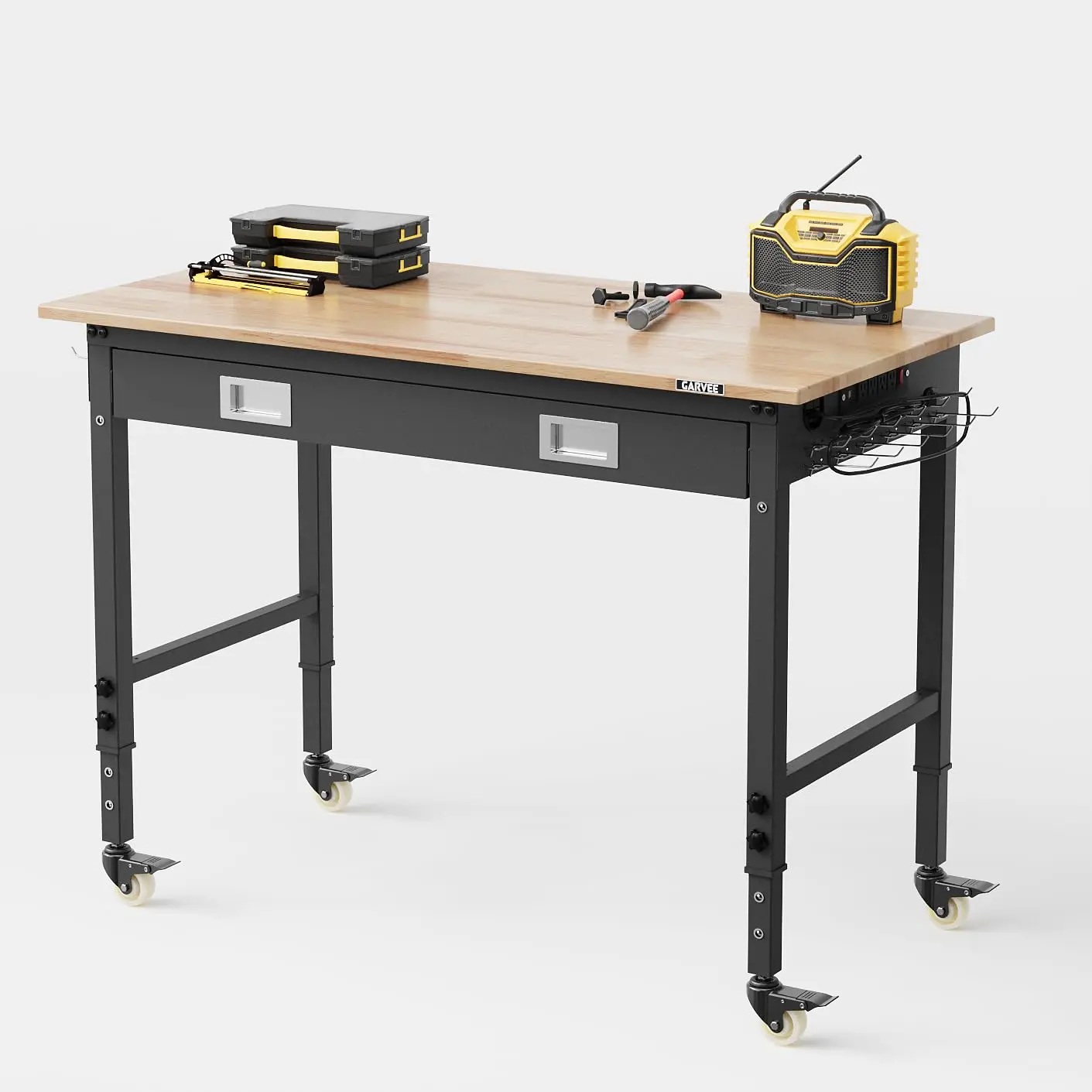 48 x 24 Inch Workbench with Drawer, Back Panel & LED Light Strip, 6-Level Adjustable Height, 2000 lb Capacity, Rubberwood Top, ETL Outlets, Swivel Casters, Pegboard & Hooks for Garage
