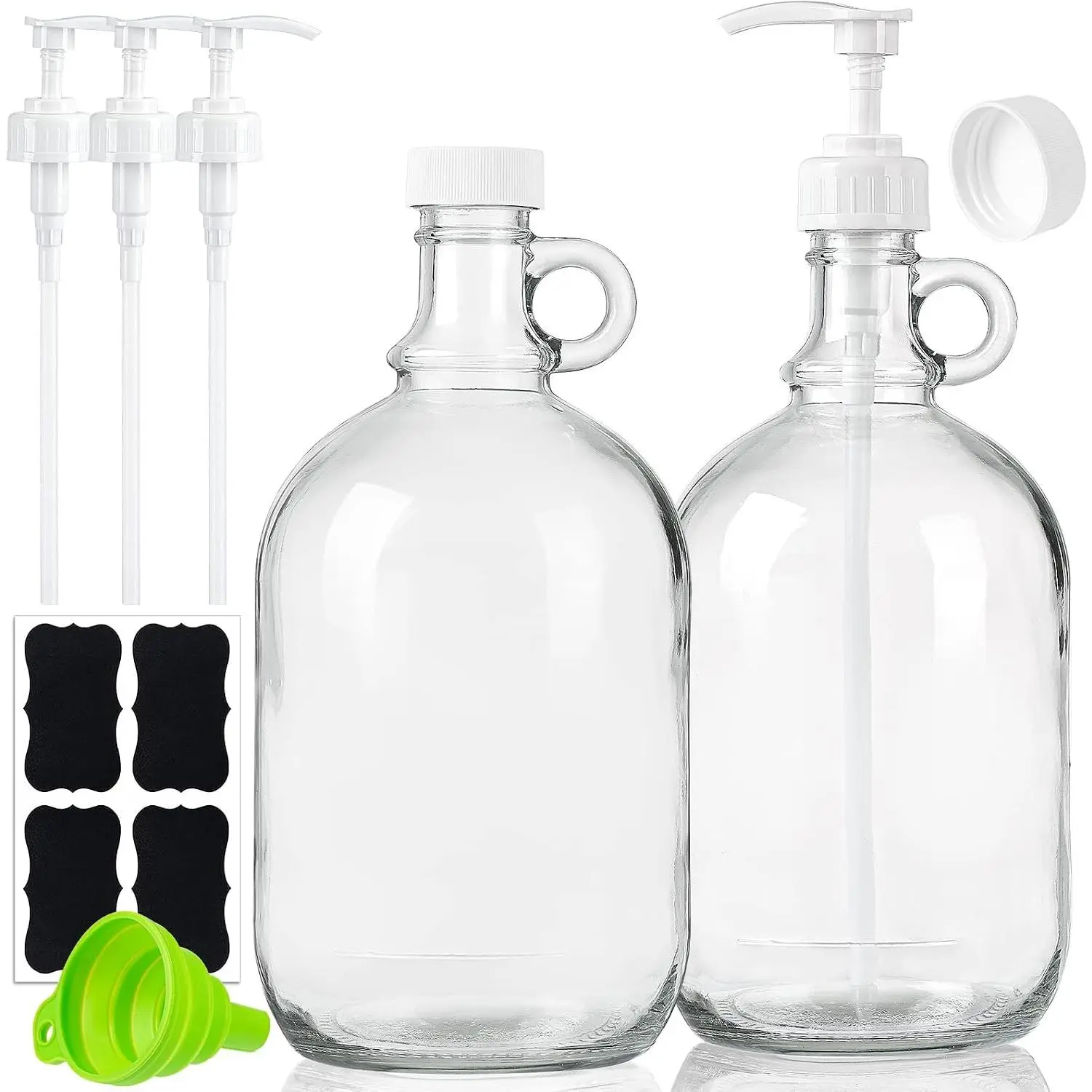 2 Pcs Glass Liquid Laundry Detergent Dispenser, Half Gallon Soap Dispenser 64 oz Laundry Containers, Gallon Jug Pump, Thick Glass Food Grade, Includes 4 Pumps, 4 Labels, Funnel