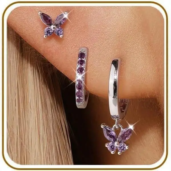 Women's Real Gold Plated Purple Cubic Zirconia Butterfly Earring Set, Dainty Huggie Hoop Stud Jewelry for Daily Outfit Night Out Party, Clean Girl Birthday Gift for Her