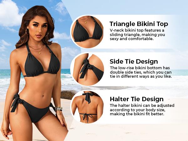 Aqua Eve Women Halter Bikini Set - Two Piece Triangle Swimsuit Tie Bathing Suit Cute Swimwear