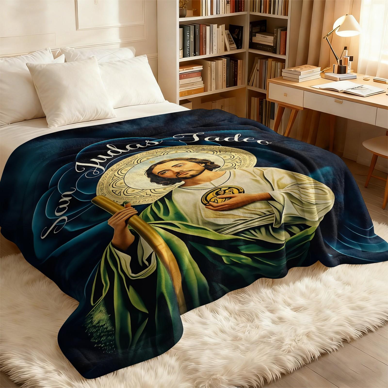 San Judas Tadeo Print Flannel Throw Blanket, Soft Warm Cozy Fleece Blanket for Couch Bed Sofa, Religious Saint Jude Decorative Blanket, All Season Plush Blanket, Perfect Gift Blanket for Home, Travel, Nap, All Ages