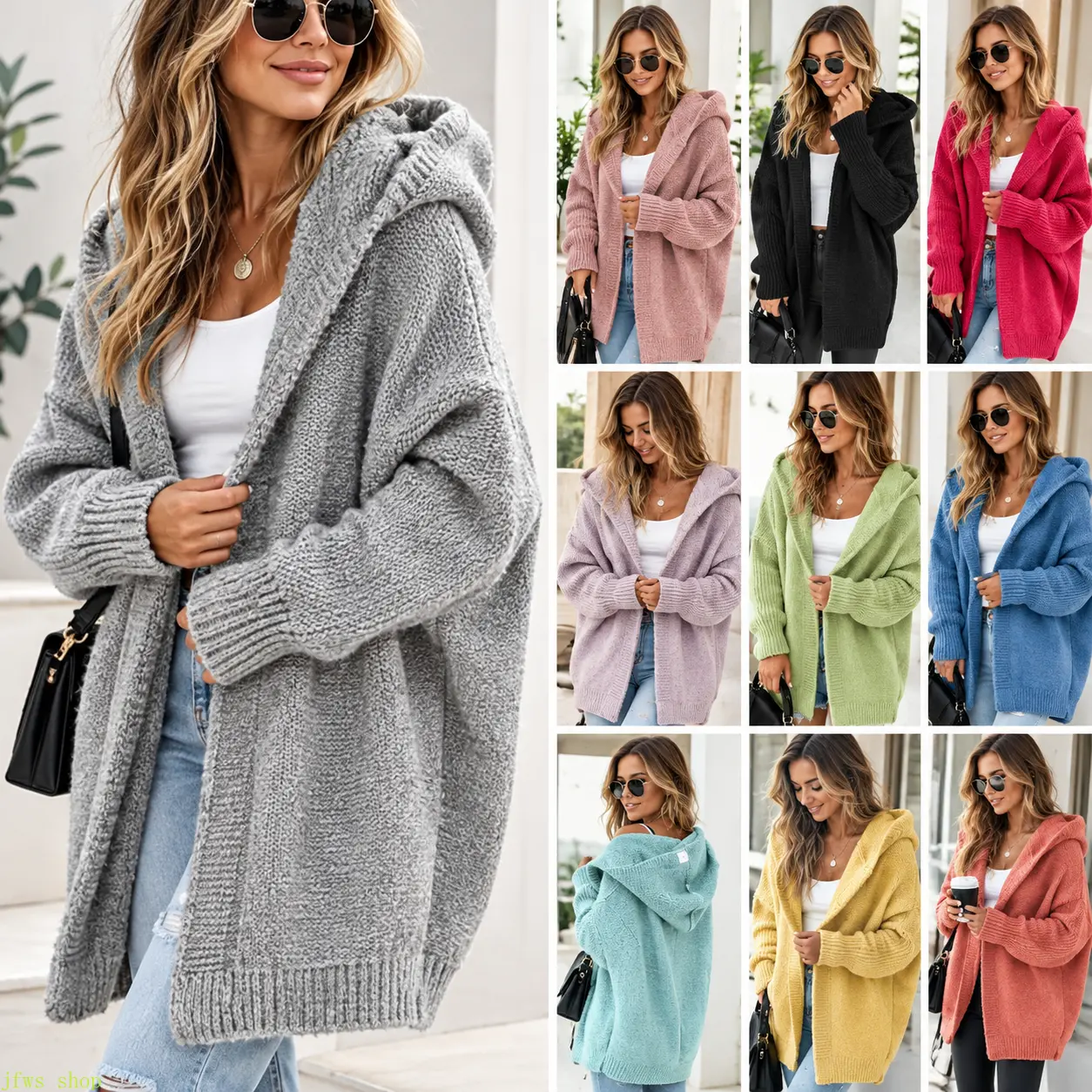 Womens Knitted Cardigan Chunky Hooded Open Front Sweater Coat Winter Oversized, women's cardigan, chunky cardigan, hooded cardigan, open front cardigan, oversized sweater, winter sweater coat, knit cardigan, cozy cardigan