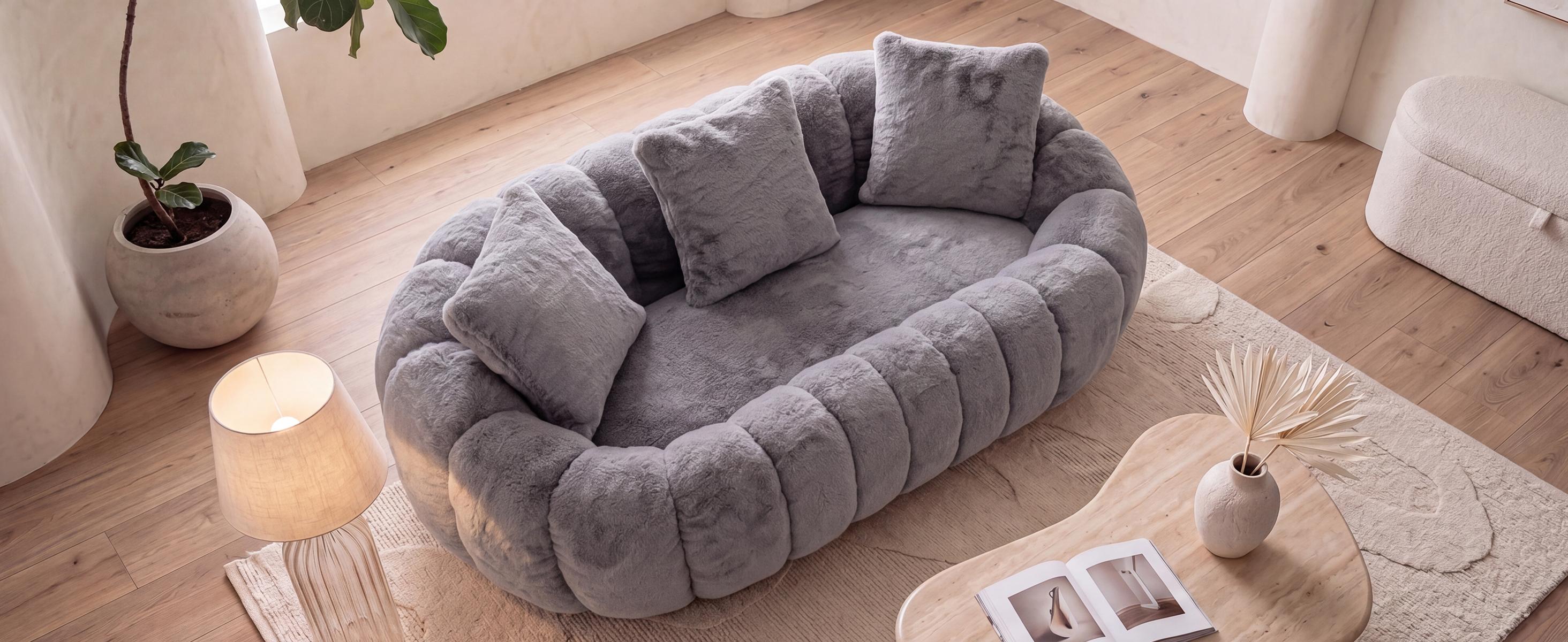 Fluffy Bean Bag Loveseat, Cloud Giant Bean Bag Couch for Adults with Filling and 3 Pillow, Soft Faux Fur Floor Sofa & Cozy Reading Chair for Bedroom, Living Room, Apartment (Grey, Lovesear)