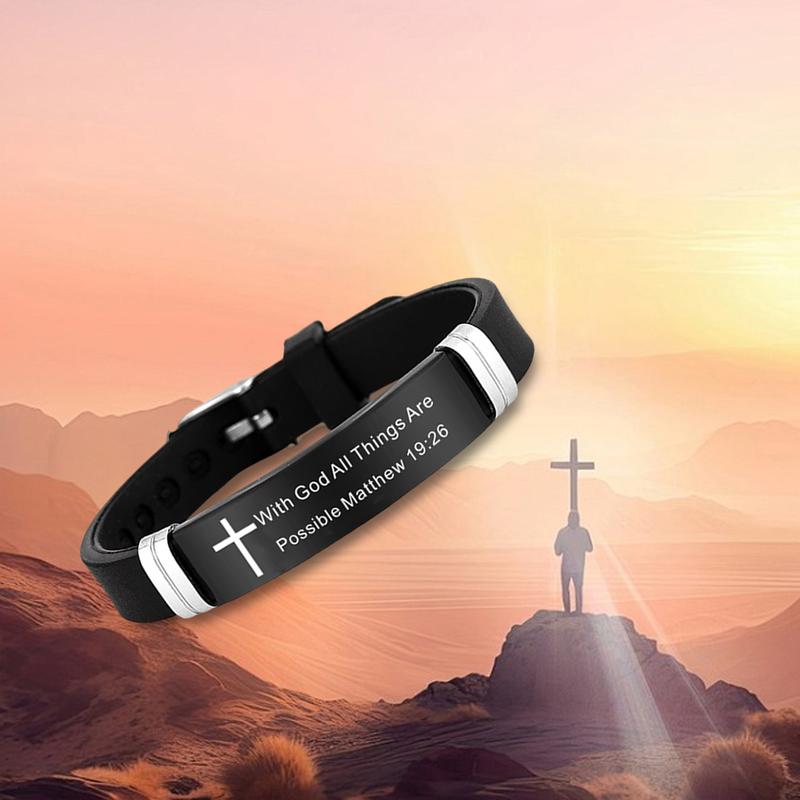 Inspirational Quote Bible Verse Cross Bracelets Faith Christian Silicone ID Wristband Religious Gifts for Men Women Stainless Steel Rubber Adjustable Bracelet