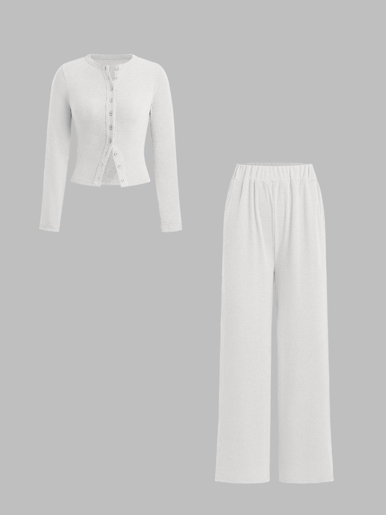 Two-piece Set Women's Solid Button Front Ribbed Crop Top & Elastic Waist Pants, Casual Long Sleeve Outfits for Spring & Fall, Women's Clothes for Daily Wear, Airport Outfit