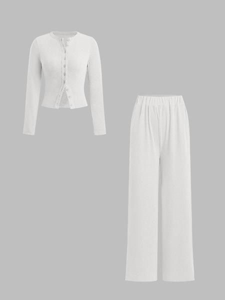 Two-piece Set Women's Solid Button Front Ribbed Crop Top & Elastic Waist Pants, Casual Long Sleeve Outfits for Spring & Fall, Women's Clothes for Daily Wear, Airport Outfit