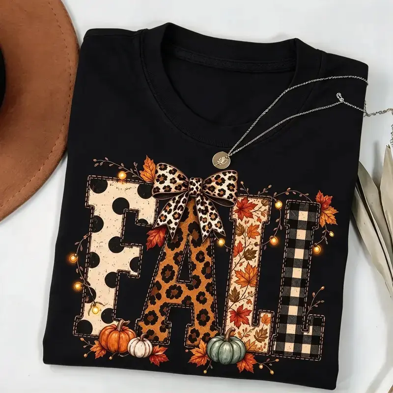 100% Cotton Leopard Plaid Fall Tshirt, Pumpkin Bow Autumn Graphic Tee, Cute Fall Lover Shirt, Cozy Pumpkin Season T-shirt