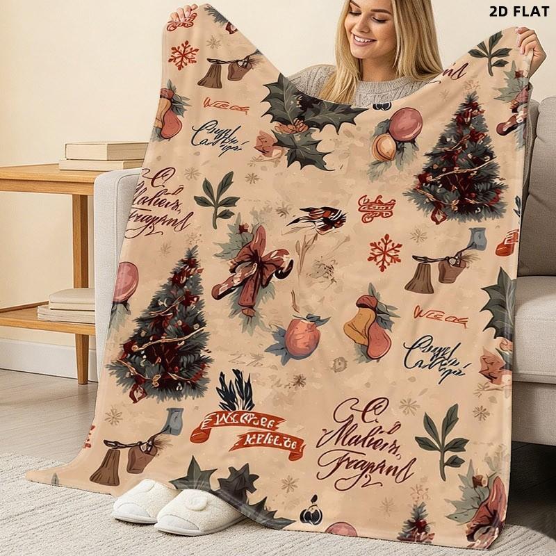 Vintage Christmas Themed Throw Blanket, Single - Sided Printed, Multiple Specifications Available, Warm Tones Design with Christmas Trees, Holly Leaves, Red Bows & Snowflakes, Ideal for Holiday Decor & Napping, Festive Greeting Style Pattern