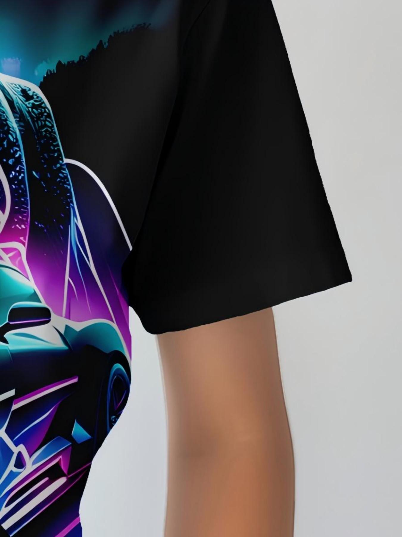 Boy Neon Panther and Car Pattern T-Shirt, Cyberpunk Streetwear, Cool Wave Racing Casual Summer Short Sleeve Top, Teenager Clothing