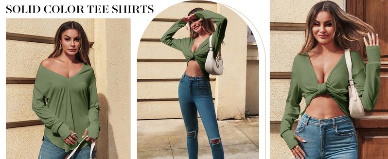 Danedvi Womens Deep V Neck Tunic Tops Long Sleeve Oversized Casual Loose Fit Curved Hem T Shirts