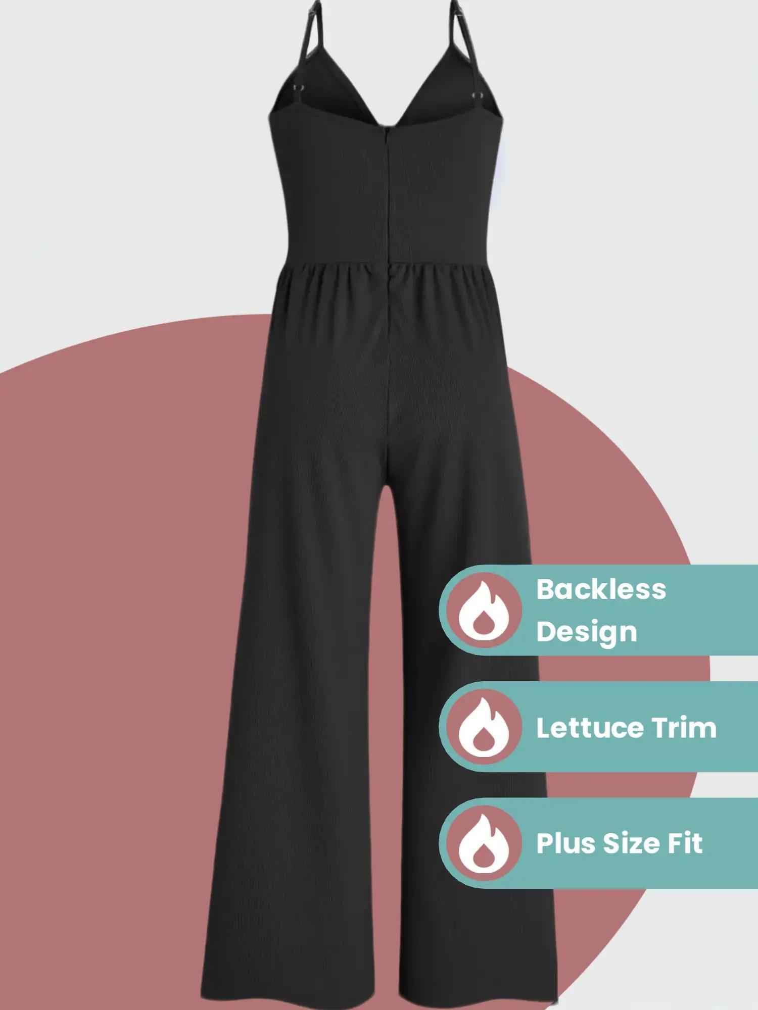 【Plus Size】 Two-Piece Set Solid Lettuce Trim Lace Crop Top & Wide Leg Cami Jumpsuit, Elegant Fashion Outfits for Daily Outdoor Wear, Women Clothing for Spring Fall, Womenswear