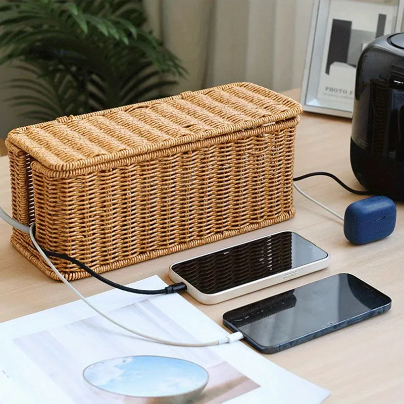 Woven Rattan Cable Storage Box, Durable Pe Material, Country Ethnic Style with Lid, Multi-Layer Organizer for Power Cables, Data Cables, Chargers