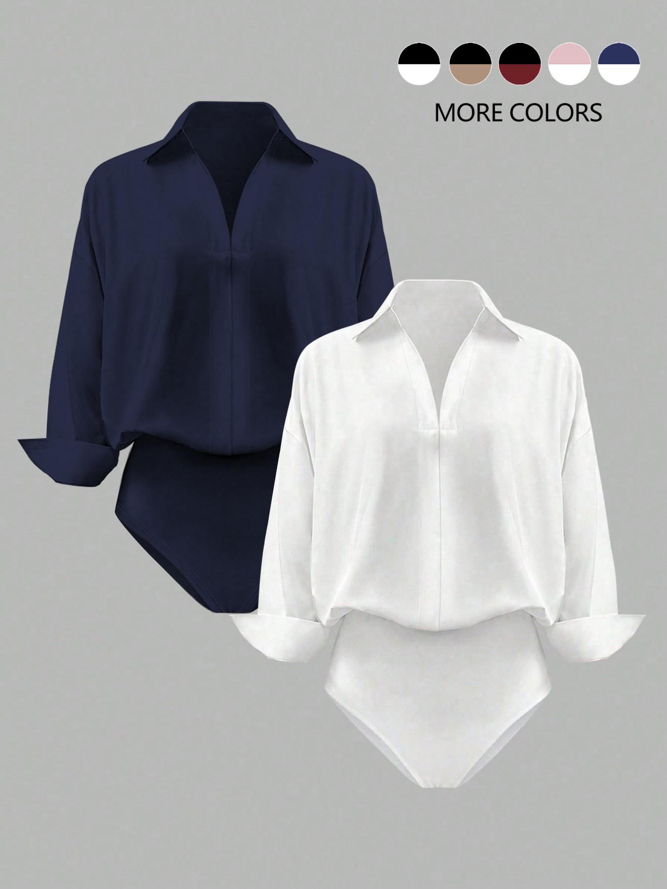 Women's casual loose V-neck long-sleeved shirt jumpsuit, elegant woven fabric, slim fit, suitable for all seasons, and can be layered flexibly.