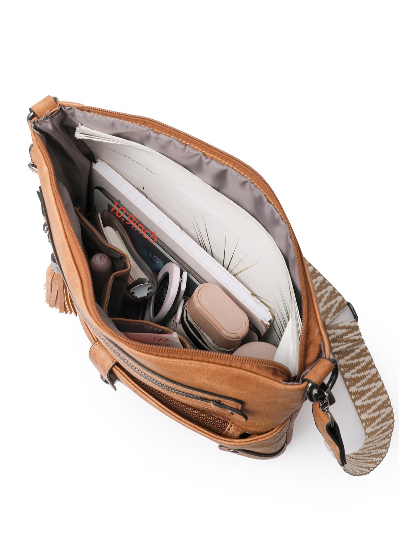 Vintage PU Crossbody Bag, Wide Strap Fringe Design, Large Capacity Shoulder Bag, Casual All-Season Tote, Multi-Layer Anti-Theft, Adjustable Strap