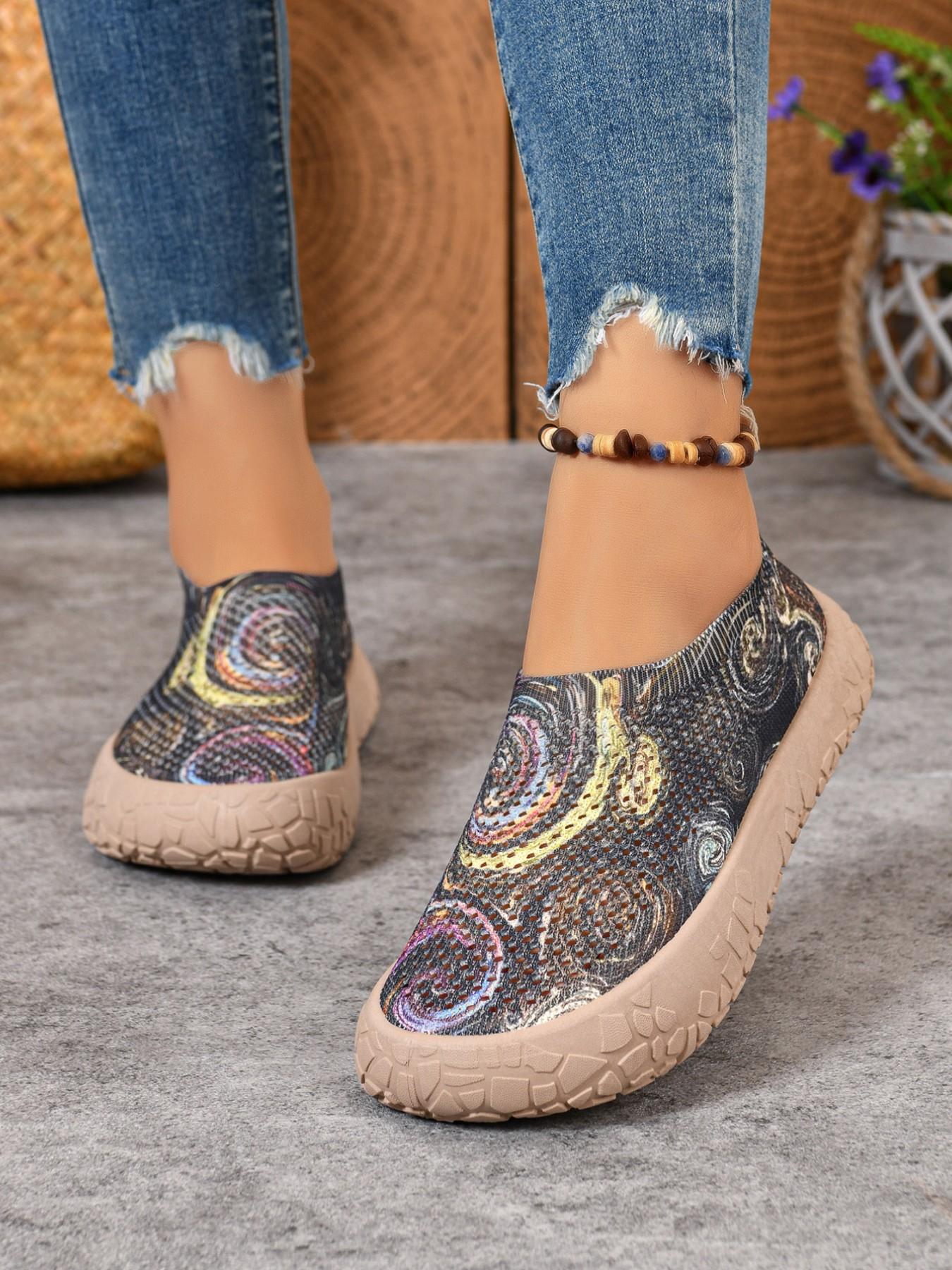 Women's Ethnic Print Slip-On Casual Shoes, Cut Out Mesh Breathable Summer Footwear, Round Toe Thick Sole, Boho Style Comfortable Daily Wear, Summer Boho Shoes