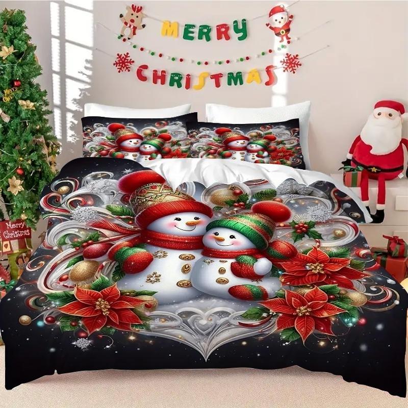 Christmas Theme Bedding Set, 3-Piece Snowman Pattern, Polyester Fiber, Fitted Sheet and Two Pillowcases, Universal Size
