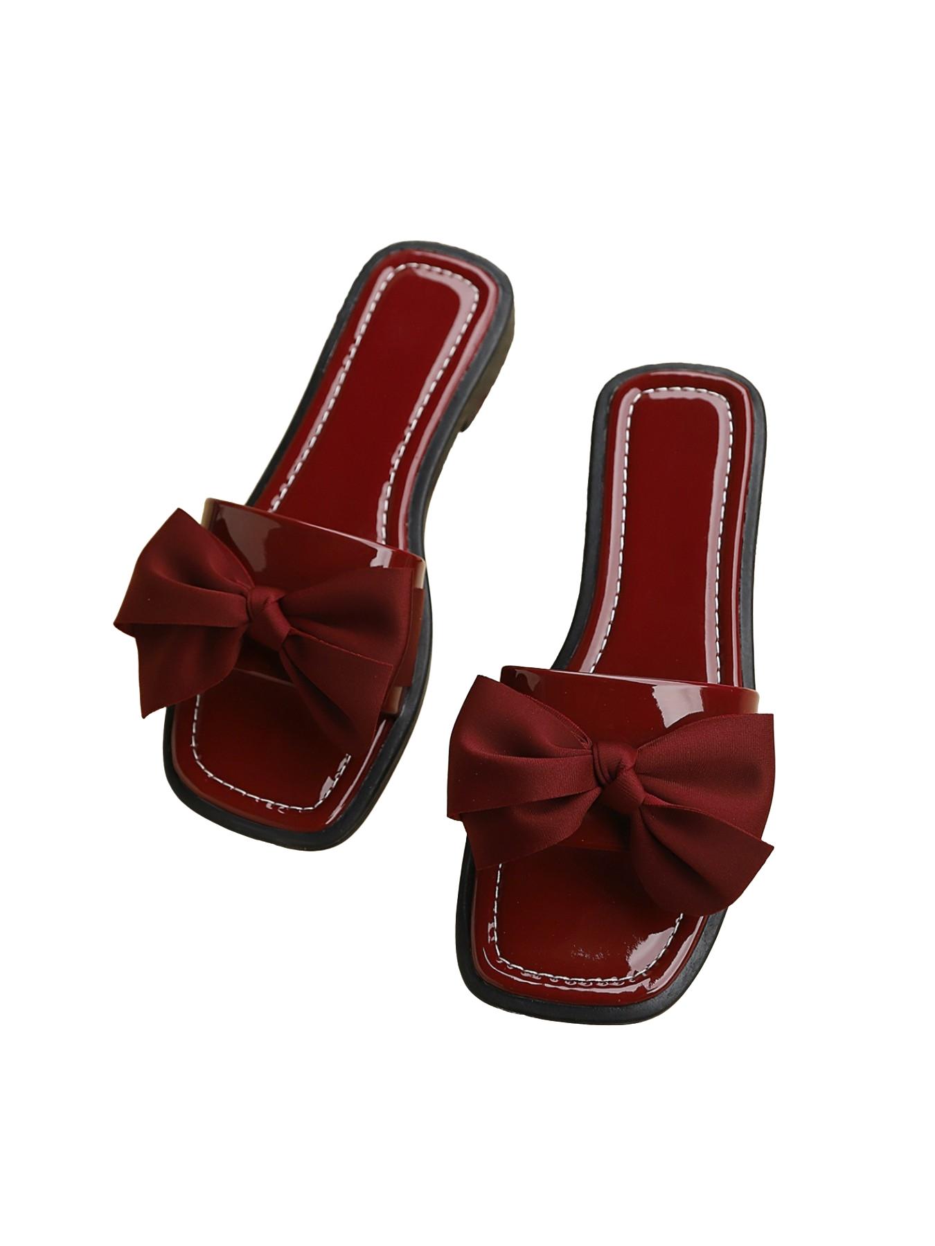 Burgundy Bow Flip Flops, Square Toe Design, Soft Sole Anti-Slip, Perfect for Spring Summer Fashion, Must-Have Comfortable Sandals