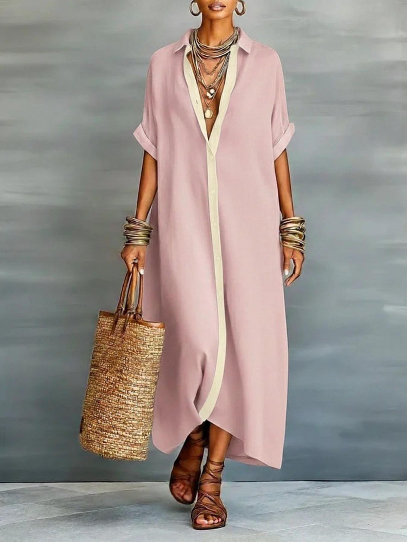 Women's Casual Colorblock Collared Button Front Long Dress, Boho Bohemian Lazy Style Short Sleeve Sun Protection Shirt Dress for Summer Vacation Boho Beach Sundress