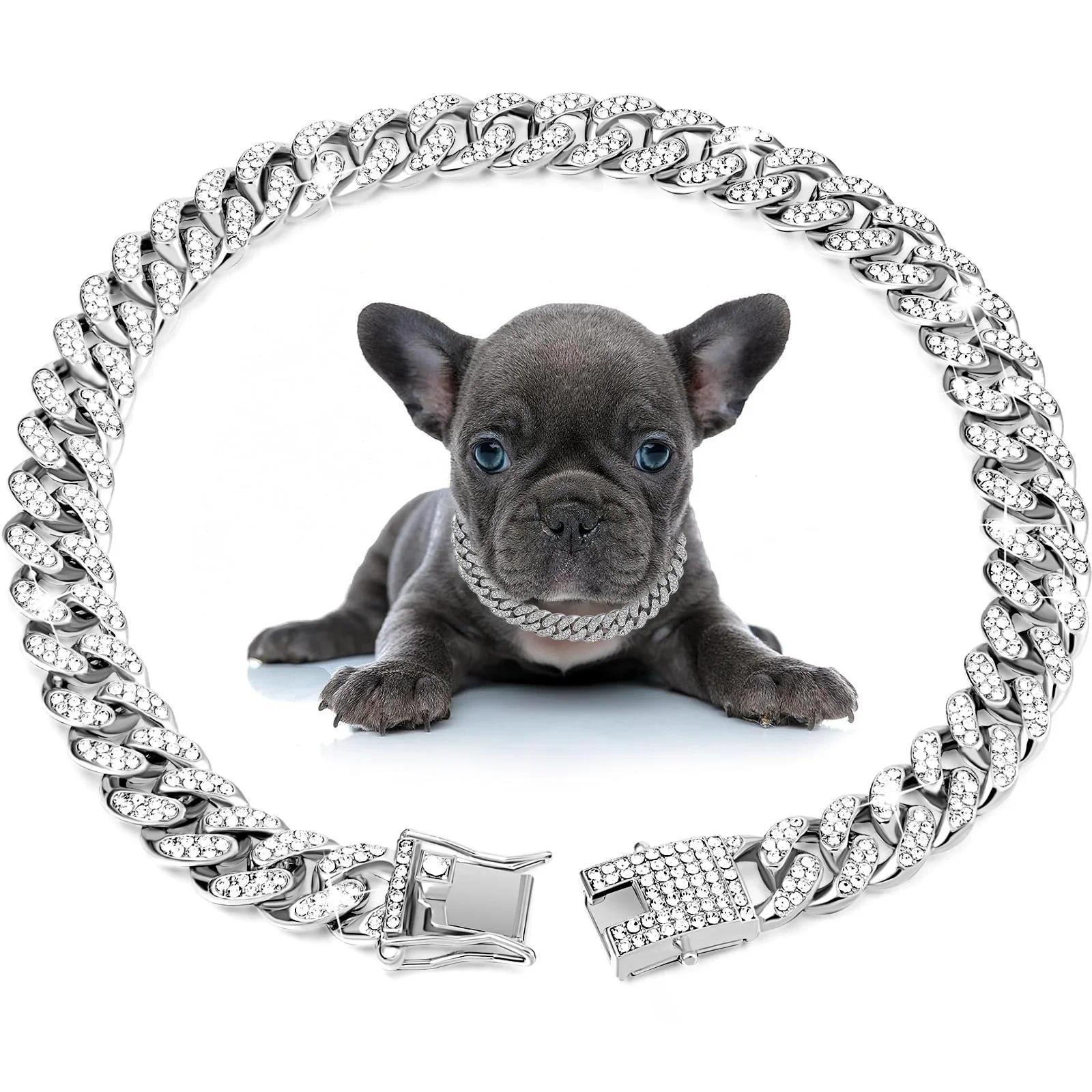 1/2Pcs Dog Chain Diamond Cuban Collar Walking Metal Chain Collar With Design Secure Buckle Pet Cat Cuban Collar Accessories