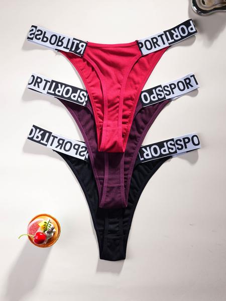 3 Pack Sexy Women's Thong Panties, Comfortable Skin-Friendly Plus Size Underwear, Letter Waistband Design, Casual Style