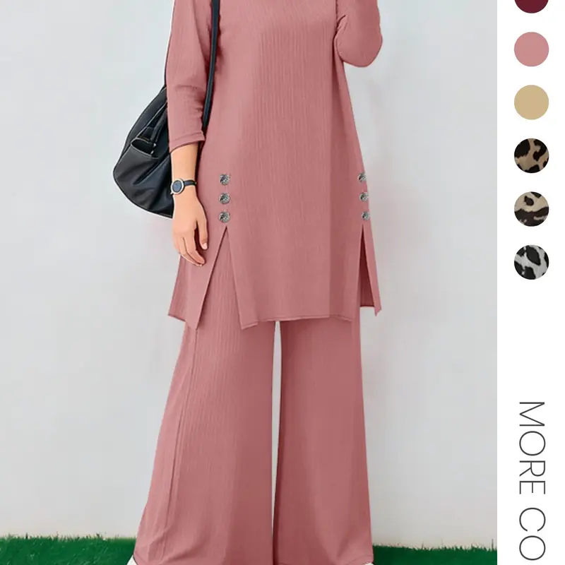 Women's Commuter Casual Split Design Long Sleeve Wide Leg Pants Two-Piece Set, Stylish Daily Wear, Comfortable and Trendy, Fashion Style Sets