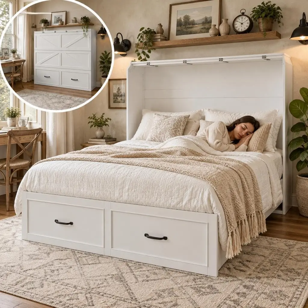 Homfan Full Murphy Bed with Storage & Charging Station, Distressed Wood Murphy Cabinet, Farmhouse Foldable Platform Bed, Noise Free, Large Drawer, Guest Bedroom & Living Room