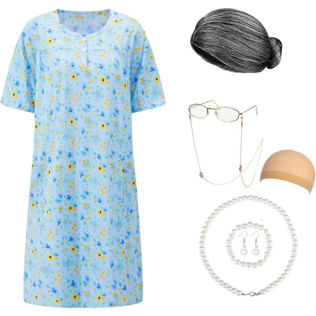 Old Lady Costume for Women Granny Costume Kit with Nightgown Wig Grandma Halloween OutfitsGift