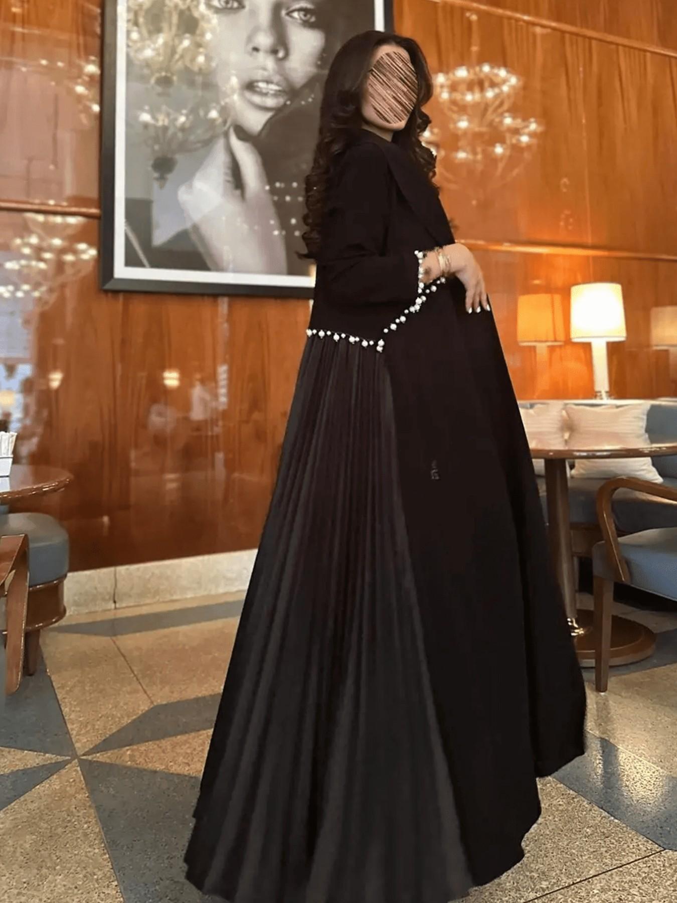 Hafizah Women's Blazer Neck Pearl Decor Long Cardigan, Pleated Patchwork Wide Skirt Flowy Outerwear, Elegant Aesthetic Formal Dress Coat
