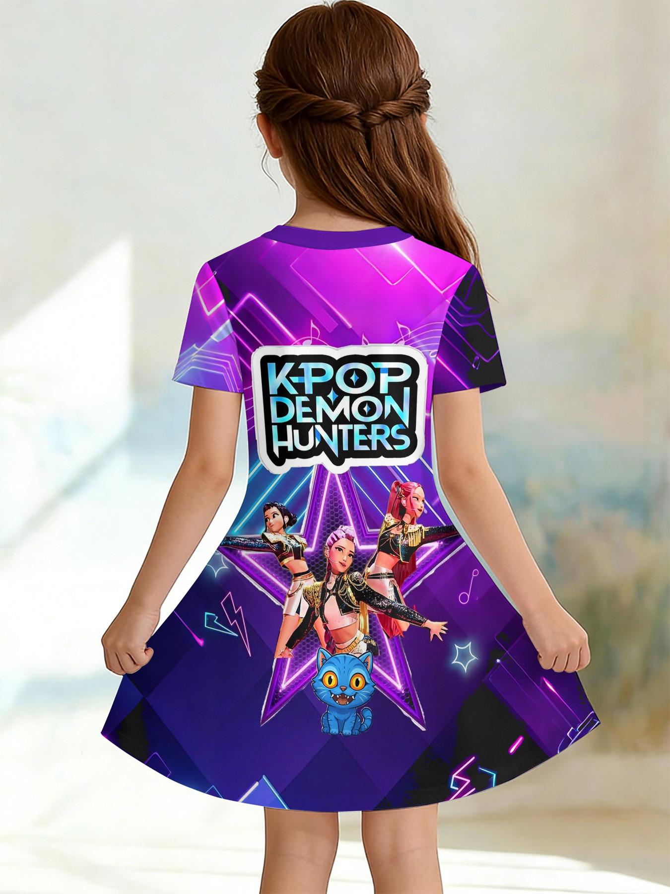Girls' 3D Dress Base K-Pop Demon Hunters Full Print, Perfect for Parties, Festive Gifts, Birthday Presents, Casual Style